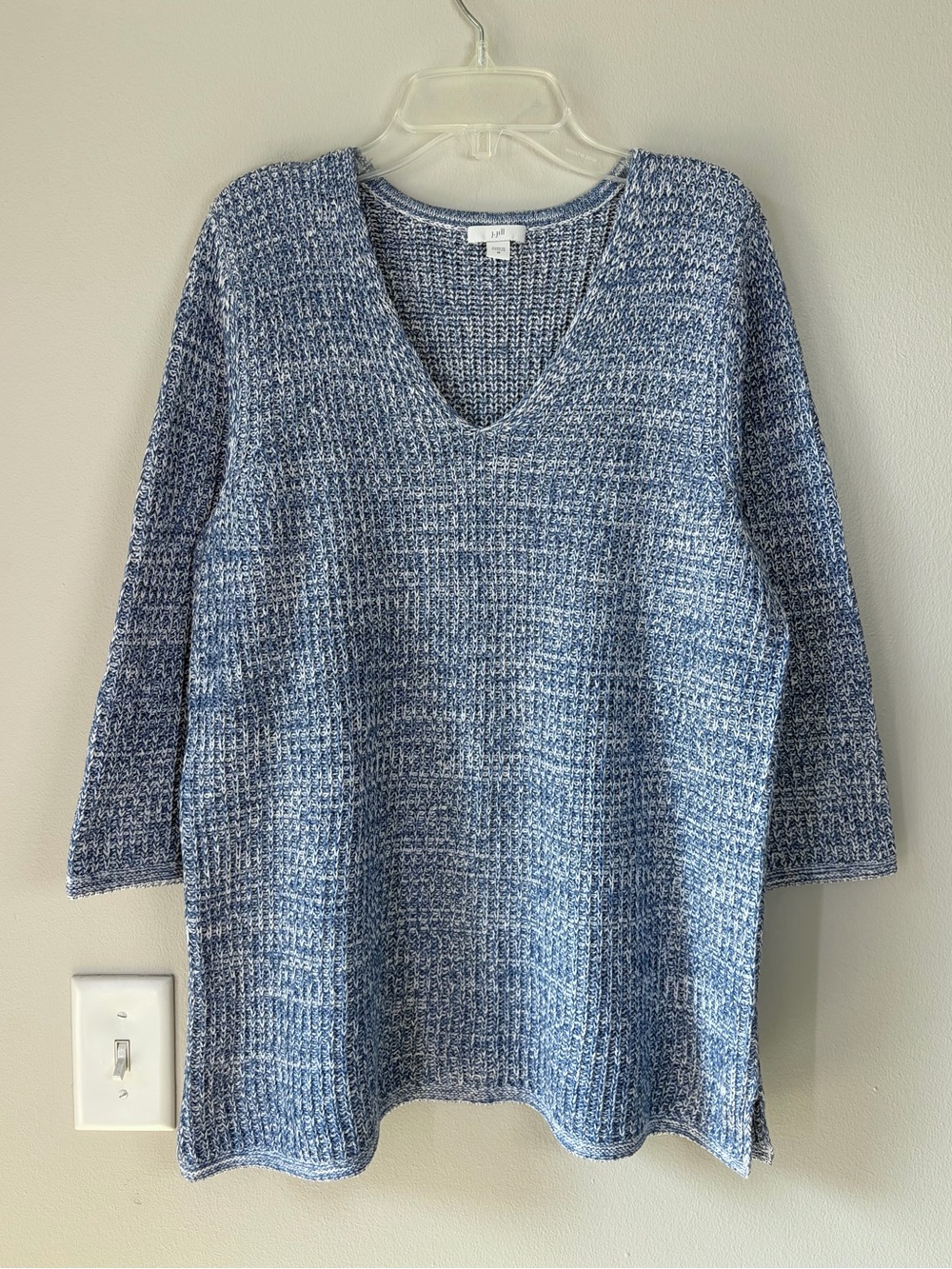 J. Jill Marled Blue Knit V-Neck Tunic Sweater with 3/4 Sleeves